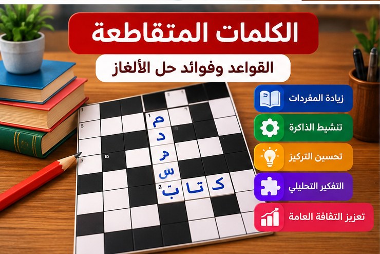صورة تعليمية لشبكة الكلمات المتقاطعة وحل الألغاز اللغوية
