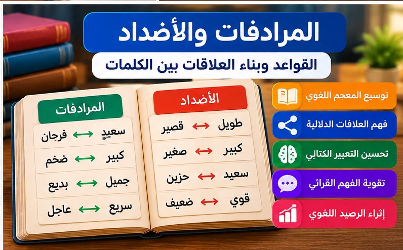 صورة تعليمية توضح المرادفات والأضداد والعلاقات بين الكلمات
